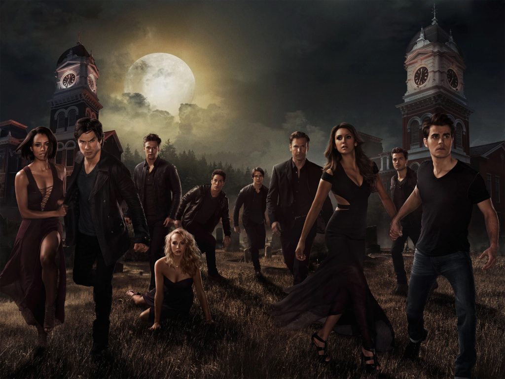 The cast of the vampire diares from season 6, Bonnie, Damon, Matt, Caroline, Tyler, Jeremy, Rick, Enzo, Elena, Stefan
