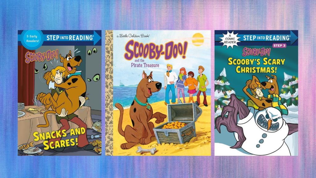 scooby doo beginner books, left to right snacks and scares, scooby-doo and the pirate treasure, scooby's scary Christmas. Purple patterned back round.