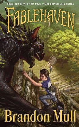 Fablehaven by Brandon Mull cover; young boy climbs up pile of wood and faces a monster