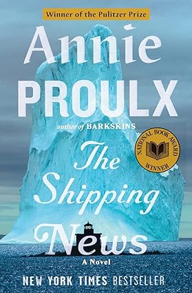 The Shipping News by Annie Proulx cover; massive iceberg behind small lighthouse on thin shore