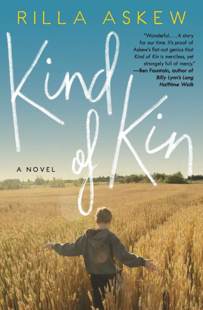 Kind of Kin by Rilla Askew cover; young boy in sweatshirt walks through cornfield on sunny day