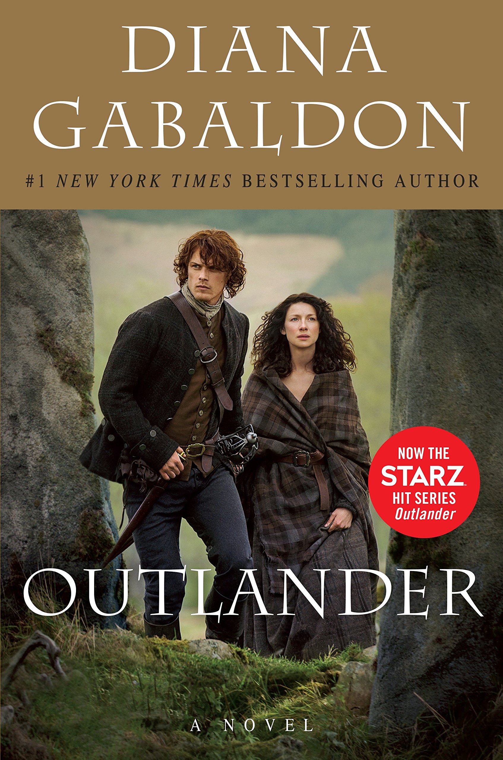 Outlander by Diana Gabaldon cover; man with sword stands in front of woman wearing long cloak