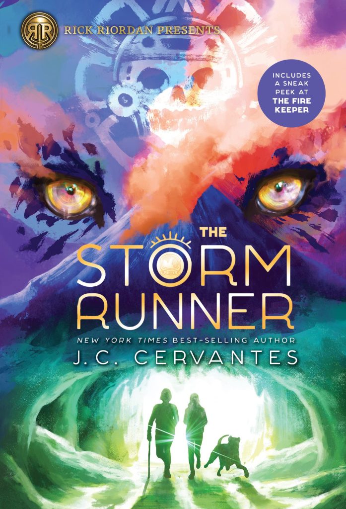 The Storm Runner by J.C. Cervantes cover; wolf eyes painted over mountain landscape with skull symbol in background and two people, plus dog walking in cave