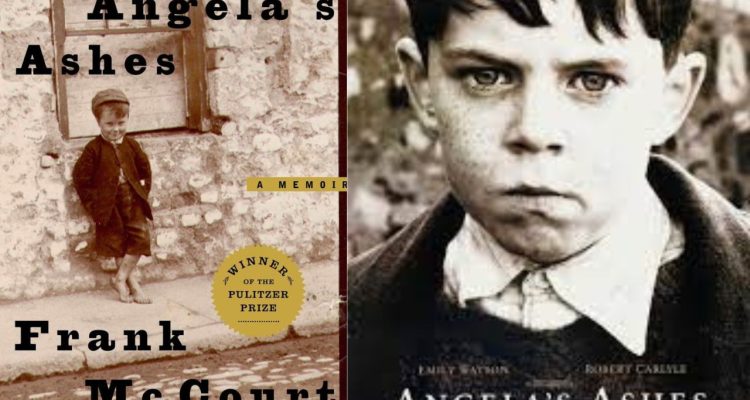 'Angela's Ashes' book cover on the left showing a boy leaning on a house, and a movie poster showing an unhappy young boy on the right