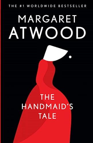 The Handmaid's Tale cover art. A handmaid in a red robe and white cap on a black background.