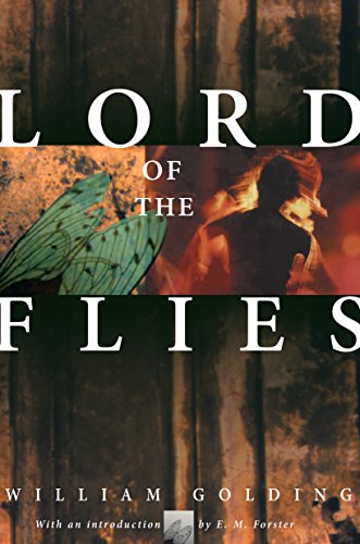 Lord of the Flies cover. Dark trees and child clouded in fire.