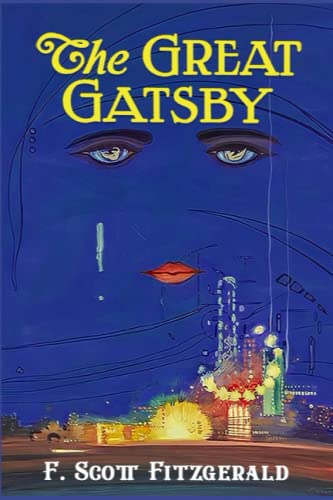 The Great Gatsby cover. A bluie background with a face that has a green tear. Under the face is a fair ground