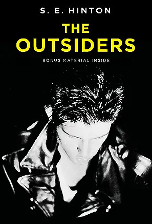 The Outsiders cover. Black background with the white illustration of a greaser.