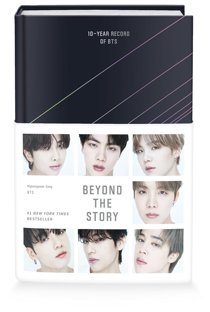 Beyond the Story cover featuring Kim Namjoon, Kim Seokjin, Min Yoongi, Jung Hoseok, Park Jimin, Kim Taehyung, and Jeon Jungkook on a black background. 