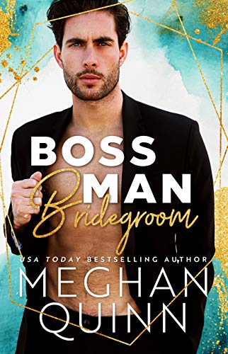 Bossman Bridegroom by Meghan Quinn, man wearing a suit with no shirt over a watercolor background.