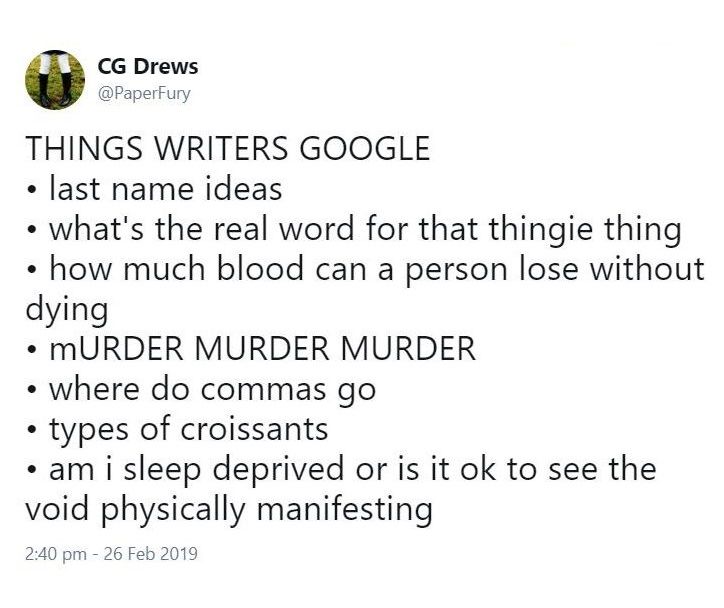 Twitter post listing things writers google.