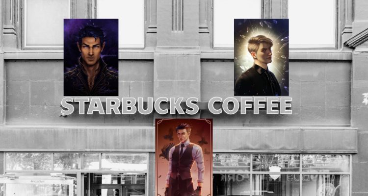 black and white starbucks building with three fan art images of male main book characters on it