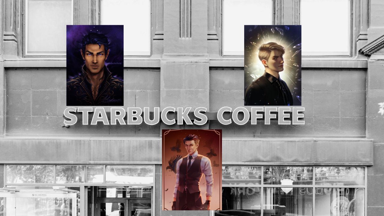 black and white starbucks building with three fan art images of male main book characters on it