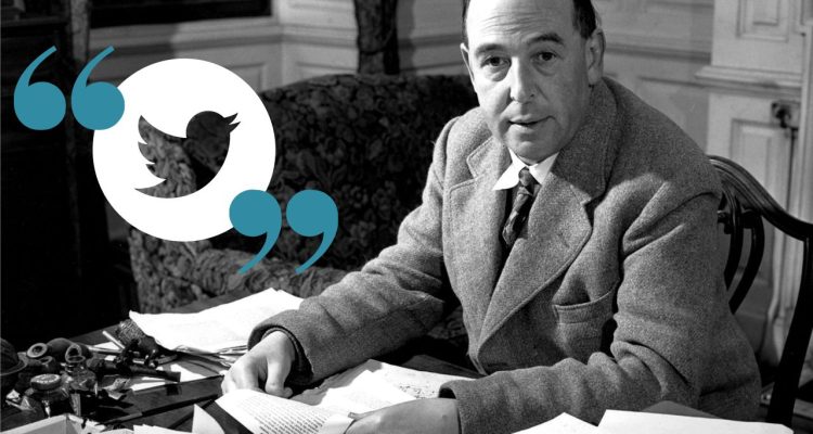 black and white CS Lewis sitting at his desk with quotes over the Twitter logo