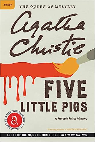 'Five Little Pigs' by Agatha Christie book cover with a paintbrush dragging dripping orange paint between the author name and book title