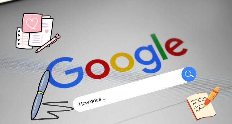 Google search web page with animated pens and notebooks