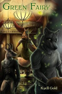 Sad anthropormorphic wolf on right looking at fox dancer on stage to the left green fairy book cover
