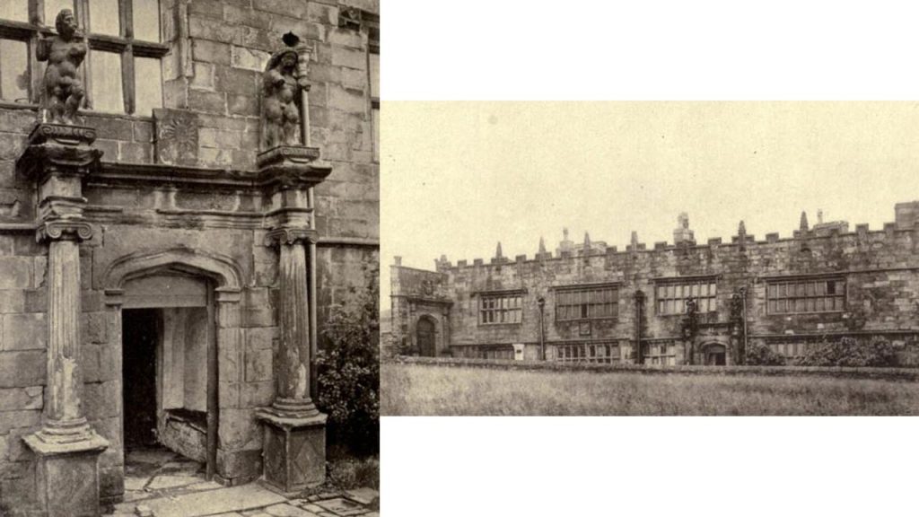 from left to right
door at High Sunderland Hall with columns and statues
High Sunderland Hall from the outside deicting its height and windows