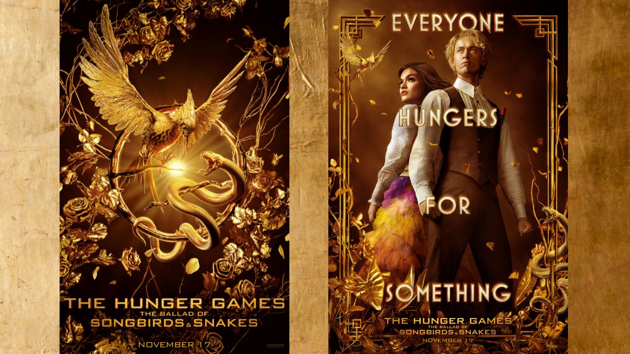 Hunger Games The Ballad of Songbirds and Snakes movie adaptation posters on a gilded background