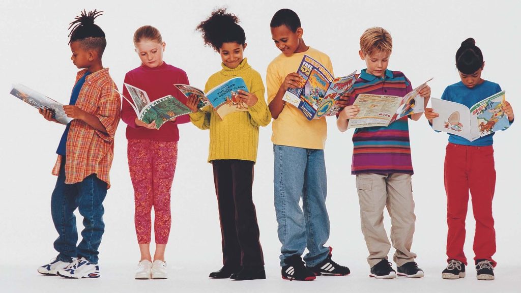 Kids standing in line reading books