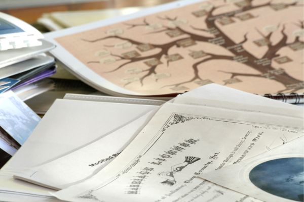 Genealogy papers on a desk.