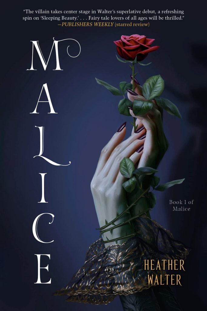 malice book cover, rose held by a hands
