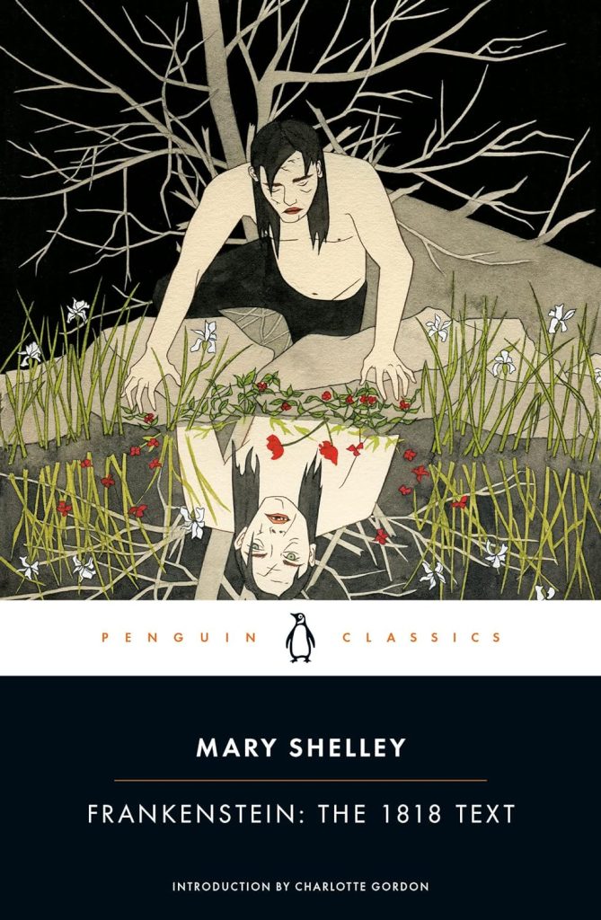 Frankenstein by Mary Shelley book cover depicting Frankenstein's creature looking at a reflection of himself in water.