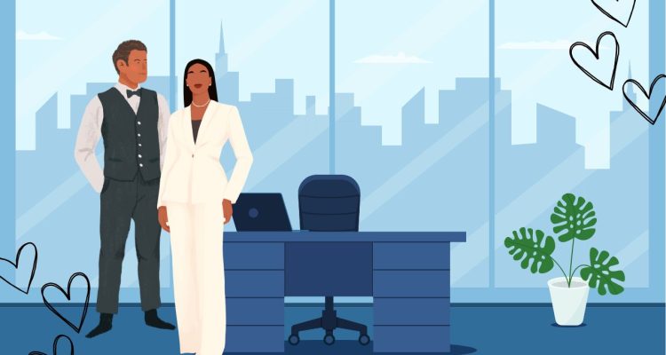Blue office background with a man and woman in business attire.