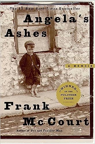 'Angela's Ashes: A Memoir' by Frank McCourt book cover with a little boy standing on a sidewalk leaning against a house