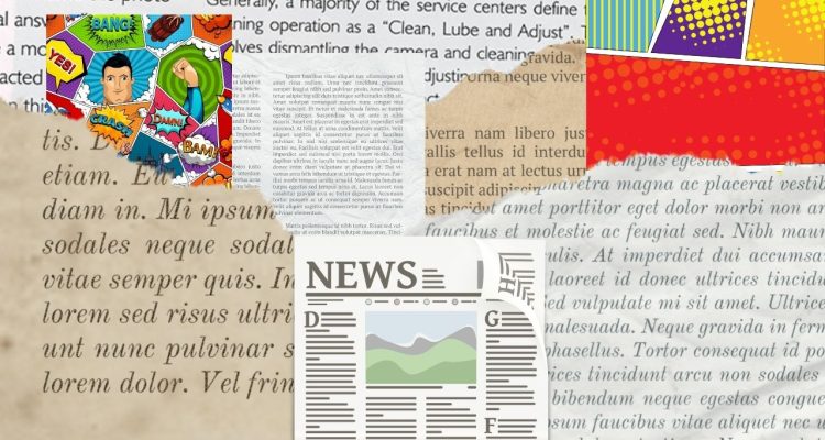 torn pages from magazines, comics, and books