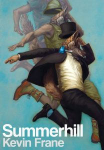dog in tux falling with other versions of him behind over teal background summerhill book cover