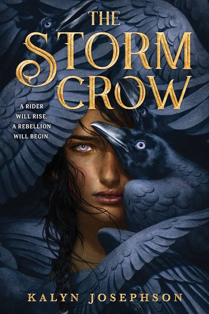 'The Storm Crow' by Kalyn Josephson book cover with a girl surrounded by crows and only showing part of her face