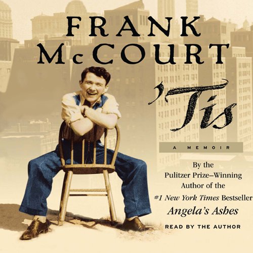 ''Tis' by Frank McCourt book cover with young man standing backwards on a chair with a background of a city