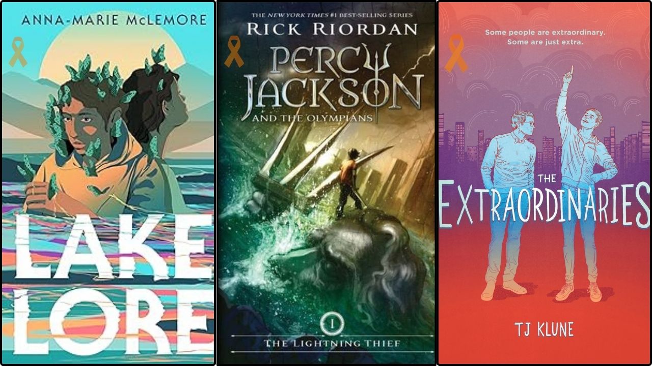 Three different covers: "Lakelore," "The Lightning Thief: Percy Jackson and the Olympians," "The Extraordinaries"