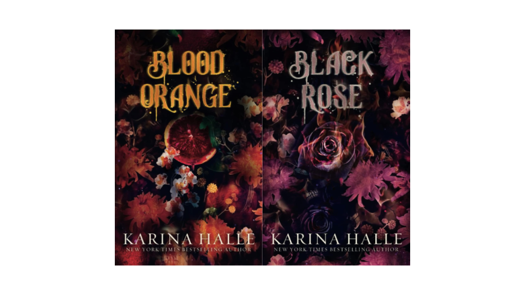 Blood Orange Book one (left), bloody orange with orange flowers. Black Rose Book (right) bloody rose with violet roses.