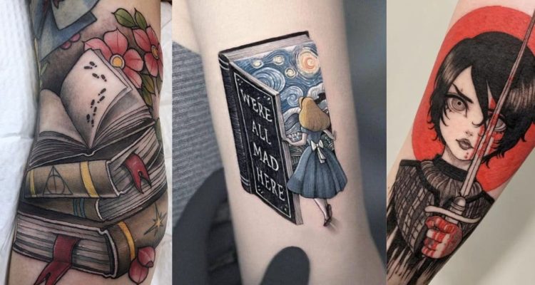 stack of books with flower next to open book containing stars and young girl looking in next to woman holding up sword tattoo