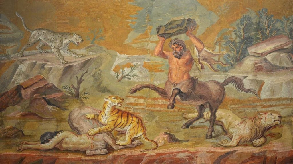 centaur, human torso with horse legs, holding rock and fighting tigers