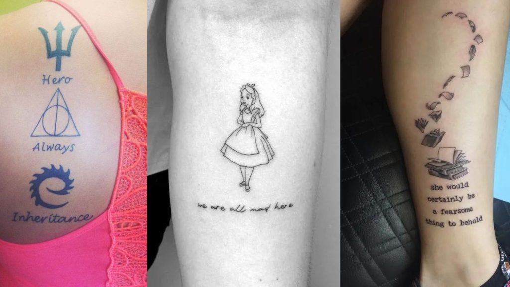trident, triangle, and spiky swirl stack on top of each other next to a young girl wearing a dress above words next to a book losing pages above a quote tattoos