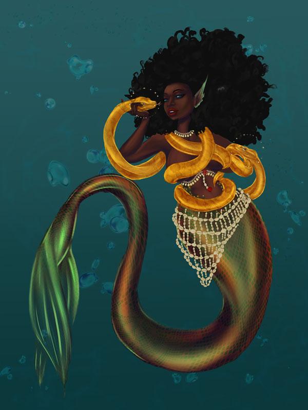 Black female mermaid with a snake wrapped around her. There is an ethereal feel and look to the pic.