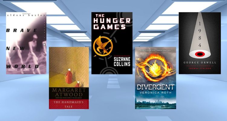 five dystopian fiction novel covers on an industrial room background