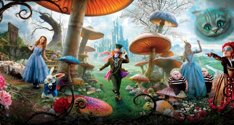 Alice in Wonderland movie poster with the Mad Hatter in the middle, Alice on the left, and the Queen of Hearts on the right. All of them are surrounded by mushrooms.