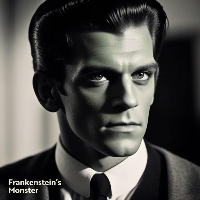 AI Yearbook photo of Frankenstein's Monster from Mary Shelley's novel Frankenstein.