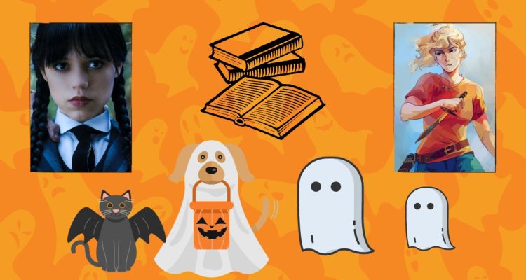 An orange ghost background with ghosts and a dog and cat. Wednesday Addams and Annabeth Chase are in front next to a stack of books.