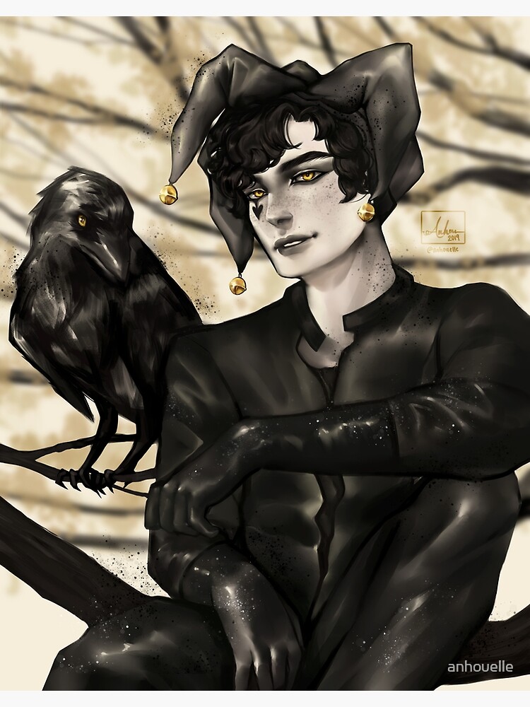 Dark-haired man with black clothing, hat, and gloves sitting next to a raven on a tree