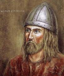 Painting of Leif Erikson wearing a helmet