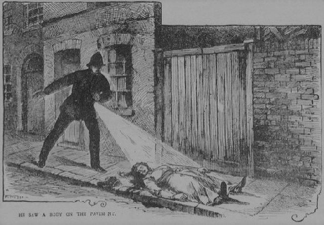  newspaper sketch from from 19th century era of jack the ripper, with a police officer discovering the body of Mary Ann Nichols.