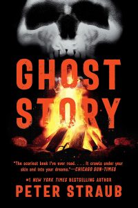 Ghost Story By Peter Straub book cover with a skull and a fire pit 