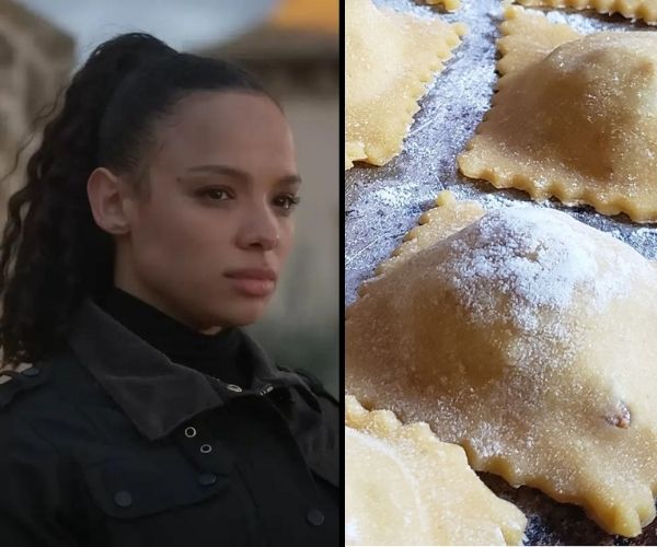 Rose Hathaway dressed in black with her hair in a ponytail on the left and ravioli pasta covered in flour on the right.