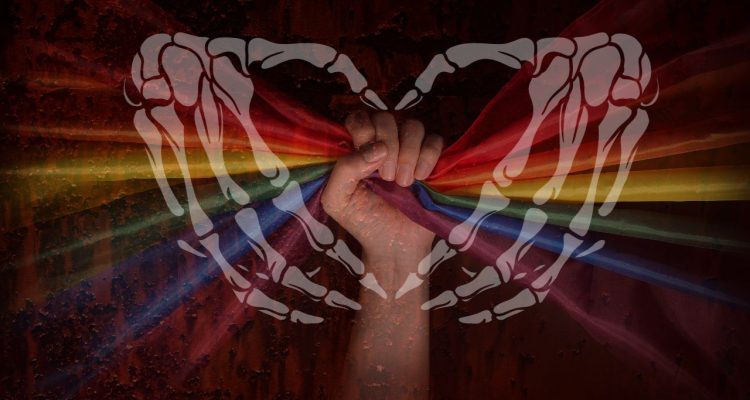 hand holding lgbtq flag with skeleton hands overlapping like they're going to grab the fist.
