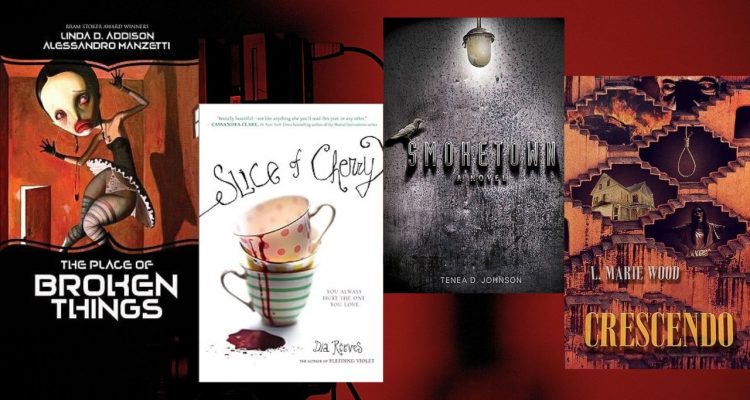 A black and red background that looks dark and eerie. Four book covers from different authors, all with different horror scenes depicted.